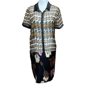 Rozae Nichols Women's Silk Dress Houndstooth Polka Dot Floral Short‎ Sleeve SZ S
